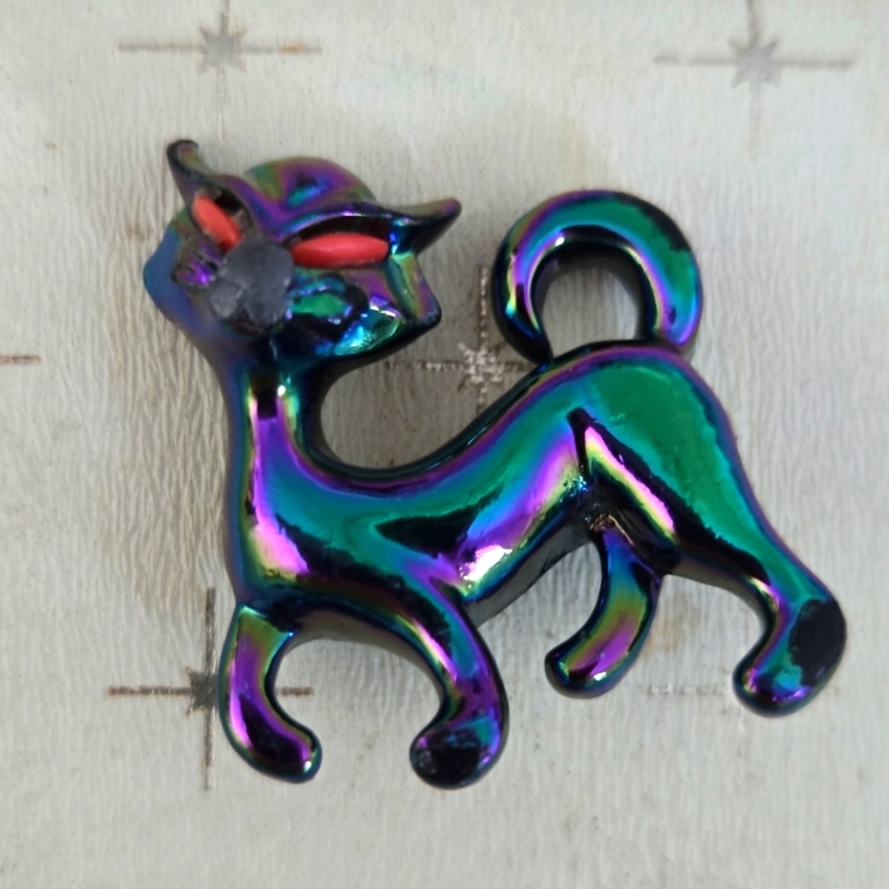 Vintage Pair of Iridescent Black Cat Scatter Pins w/ Red Eyes and Blue Eyes - Picture 2 of 5
